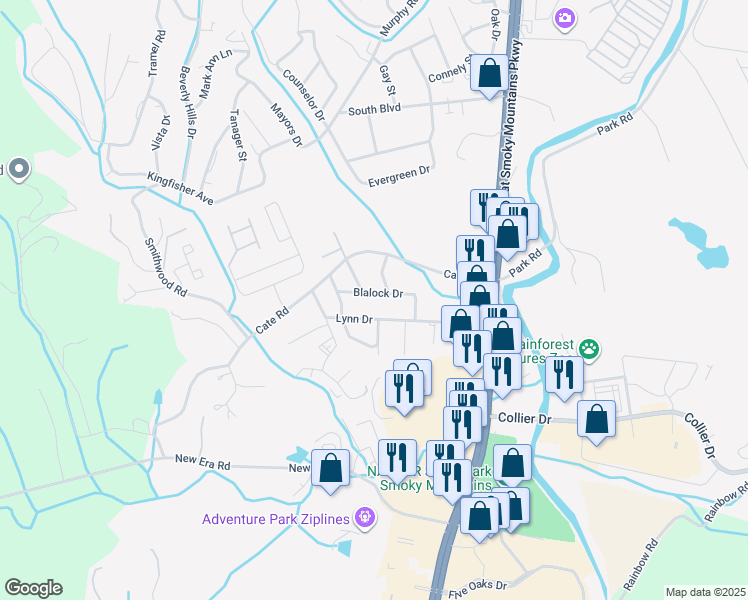 map of restaurants, bars, coffee shops, grocery stores, and more near 324 Blalock Drive in Sevierville