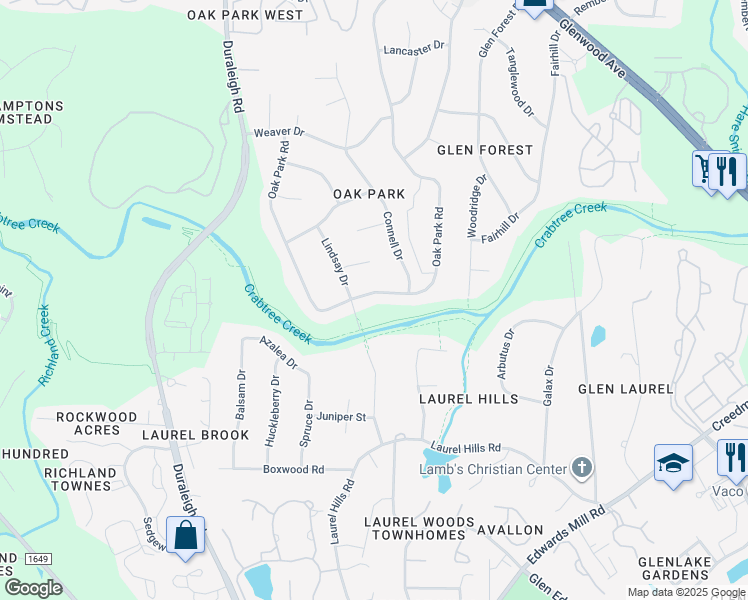 map of restaurants, bars, coffee shops, grocery stores, and more near 4308 Oak Park Road in Raleigh
