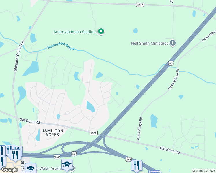 map of restaurants, bars, coffee shops, grocery stores, and more near 605 Parks Village Road in Zebulon