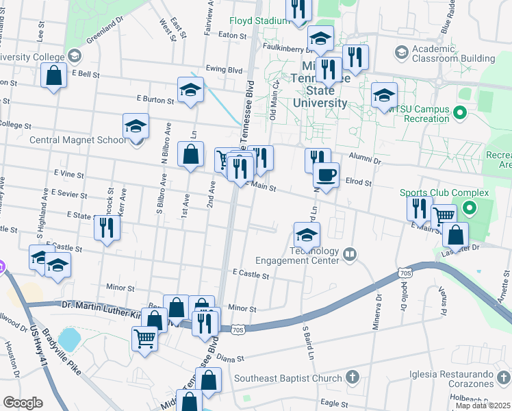 map of restaurants, bars, coffee shops, grocery stores, and more near 204 4th Avenue in Murfreesboro
