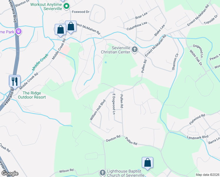 map of restaurants, bars, coffee shops, grocery stores, and more near 1426 William Holt Boulevard in Sevierville
