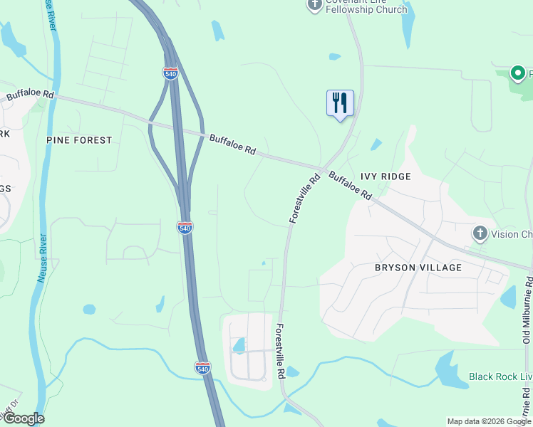map of restaurants, bars, coffee shops, grocery stores, and more near 5100 Forestville Road in Raleigh
