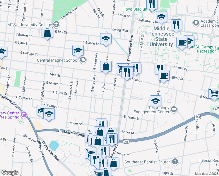 map of restaurants, bars, coffee shops, grocery stores, and more near 1021 Donnell Street in Murfreesboro