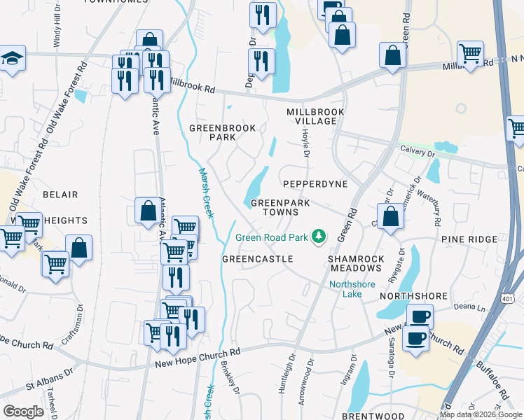 map of restaurants, bars, coffee shops, grocery stores, and more near 4826 Parkville Drive in Raleigh