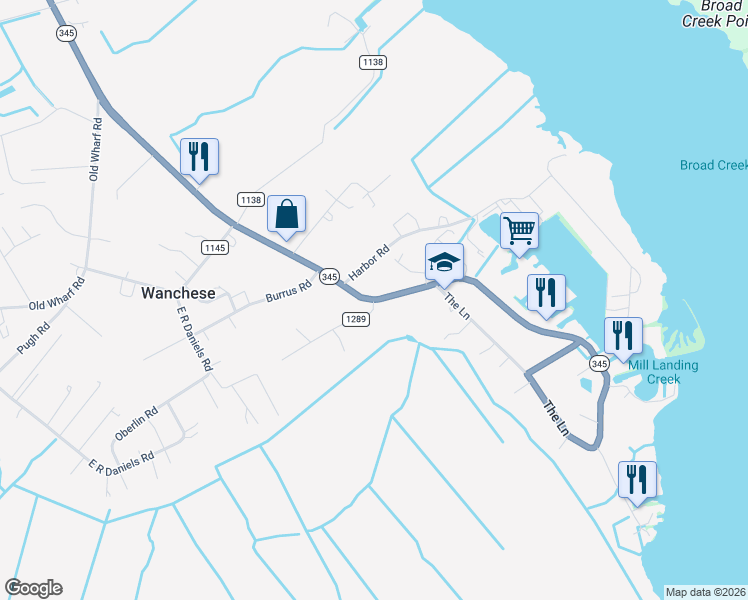 map of restaurants, bars, coffee shops, grocery stores, and more near 4025 North Carolina 345 in Wanchese