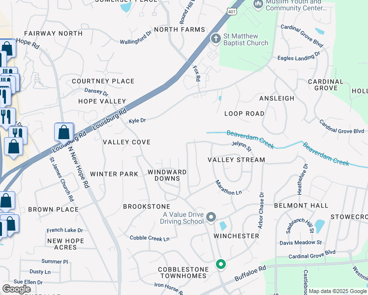 map of restaurants, bars, coffee shops, grocery stores, and more near 5021 Mocha Lane in Raleigh