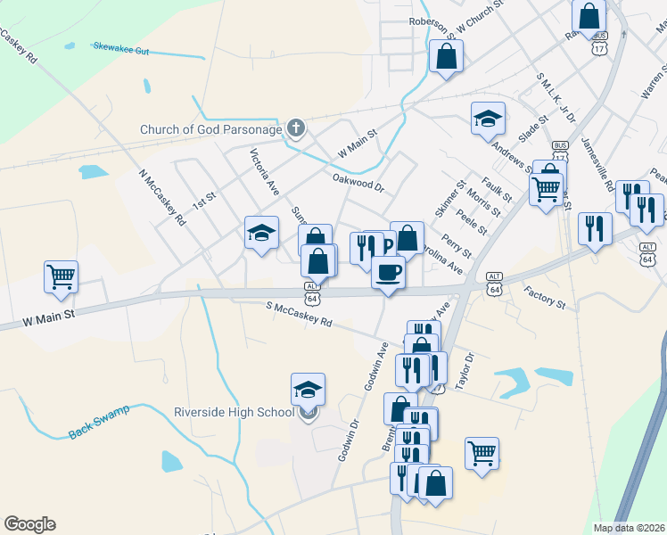map of restaurants, bars, coffee shops, grocery stores, and more near 100 Martin Ave in Williamston