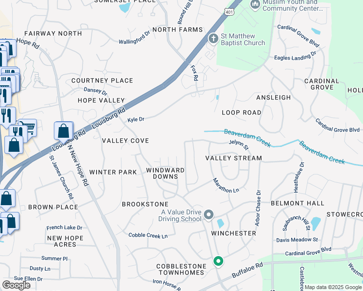 map of restaurants, bars, coffee shops, grocery stores, and more near 5021 Mocha Lane in Raleigh