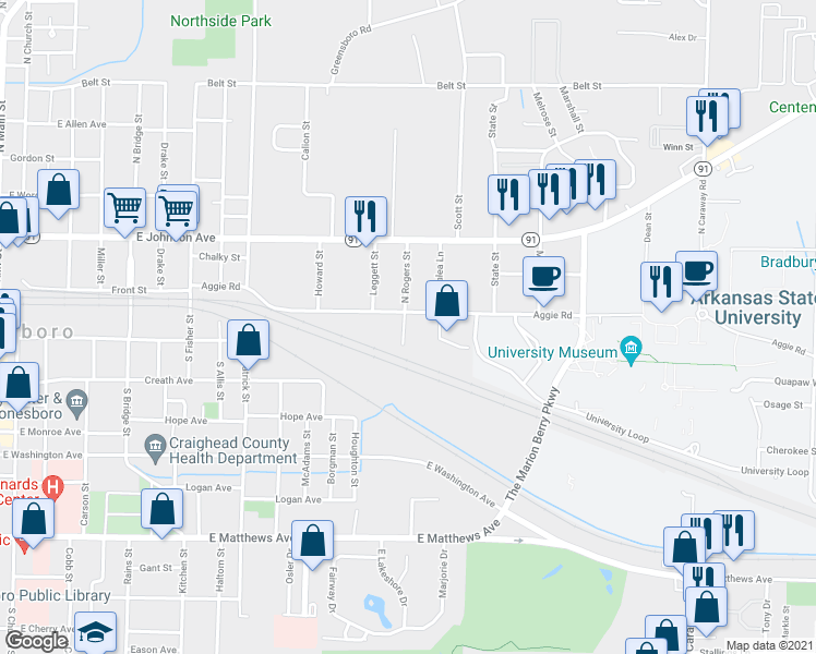 map of restaurants, bars, coffee shops, grocery stores, and more near 98 North Rogers Street in Jonesboro