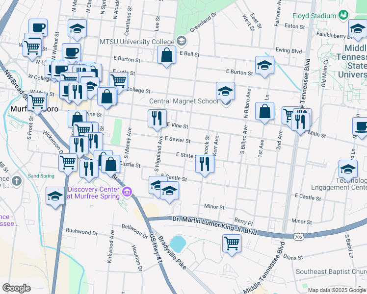 map of restaurants, bars, coffee shops, grocery stores, and more near 314 South University Street in Murfreesboro