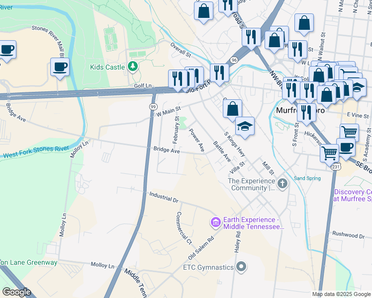 map of restaurants, bars, coffee shops, grocery stores, and more near 536 Bridge Avenue in Murfreesboro