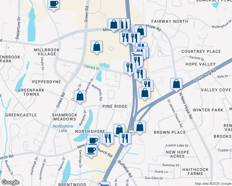 map of restaurants, bars, coffee shops, grocery stores, and more near 4438 Roller Court in Raleigh