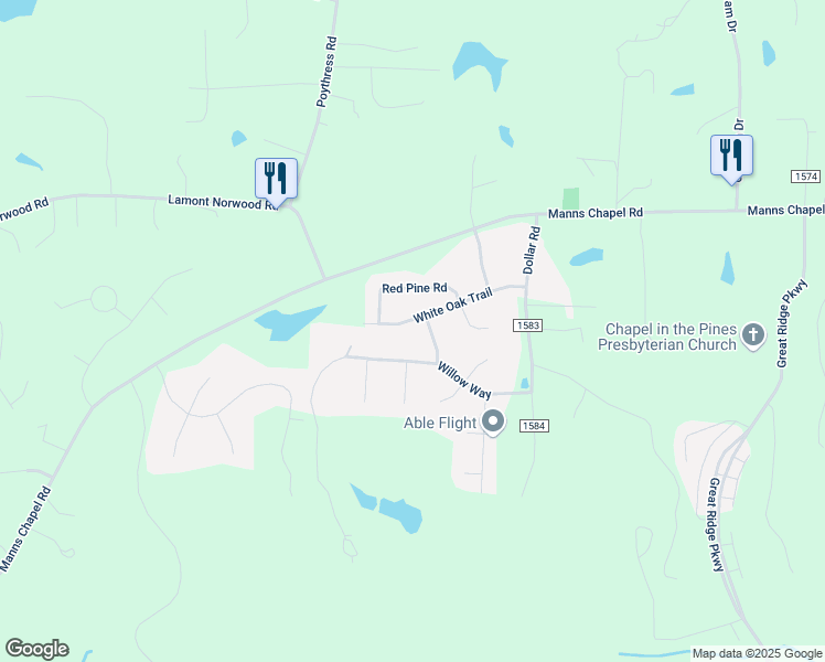 map of restaurants, bars, coffee shops, grocery stores, and more near 43 White Oak Trail in Chapel Hill