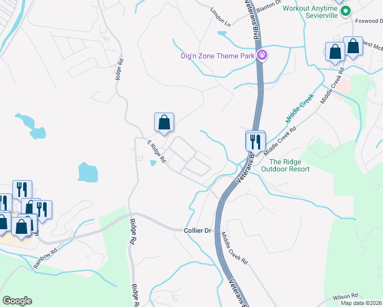 map of restaurants, bars, coffee shops, grocery stores, and more near 1217 Roberts Road in Sevierville