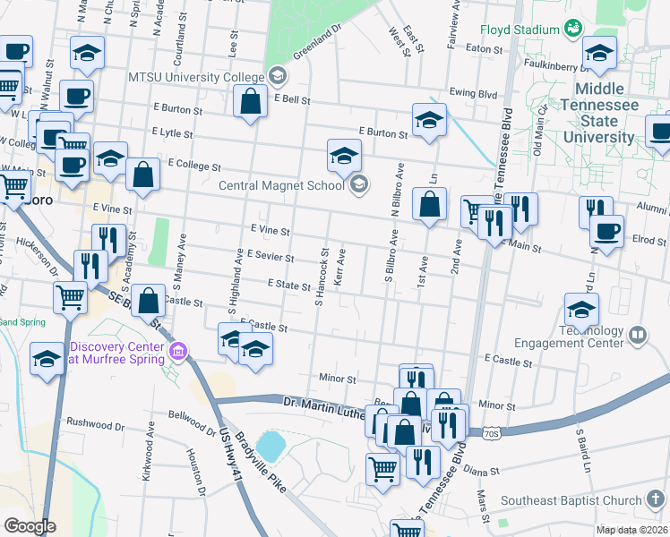 map of restaurants, bars, coffee shops, grocery stores, and more near 213 Kerr Avenue in Murfreesboro