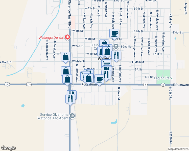 map of restaurants, bars, coffee shops, grocery stores, and more near 214 West B Street in Watonga