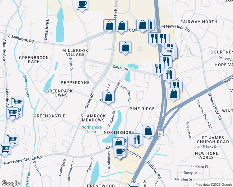 map of restaurants, bars, coffee shops, grocery stores, and more near 4608 Limerick Drive in Raleigh