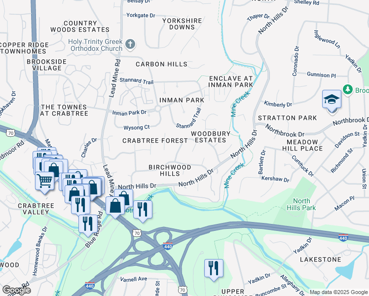 map of restaurants, bars, coffee shops, grocery stores, and more near 4416 Woodbury Drive in Raleigh
