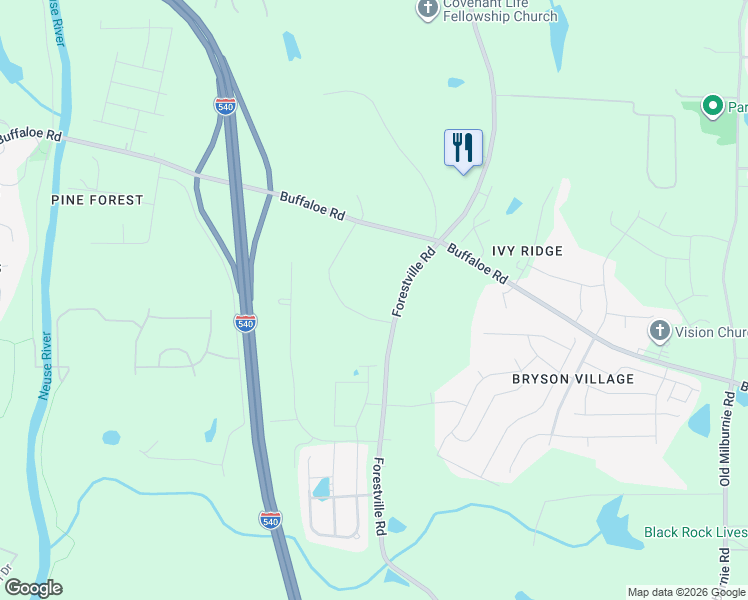 map of restaurants, bars, coffee shops, grocery stores, and more near 5128-5228 Forestville Road in Raleigh