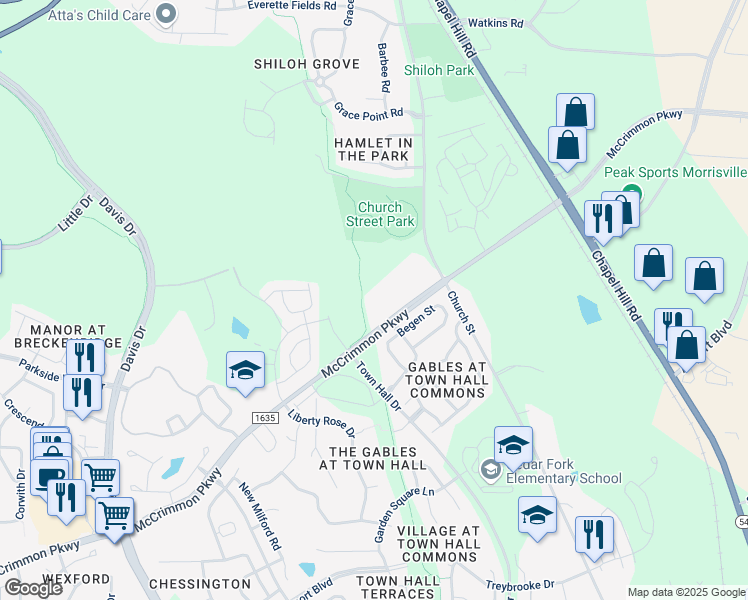 map of restaurants, bars, coffee shops, grocery stores, and more near 5840 McCrimmon Parkway in Morrisville