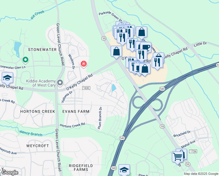 map of restaurants, bars, coffee shops, grocery stores, and more near 2110 Alston Avenue in Cary