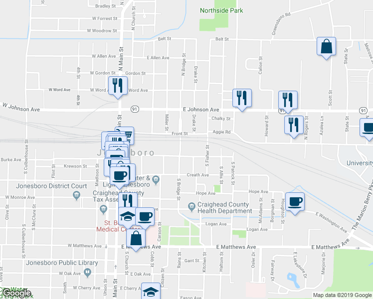 map of restaurants, bars, coffee shops, grocery stores, and more near 614 Cate Avenue in Jonesboro
