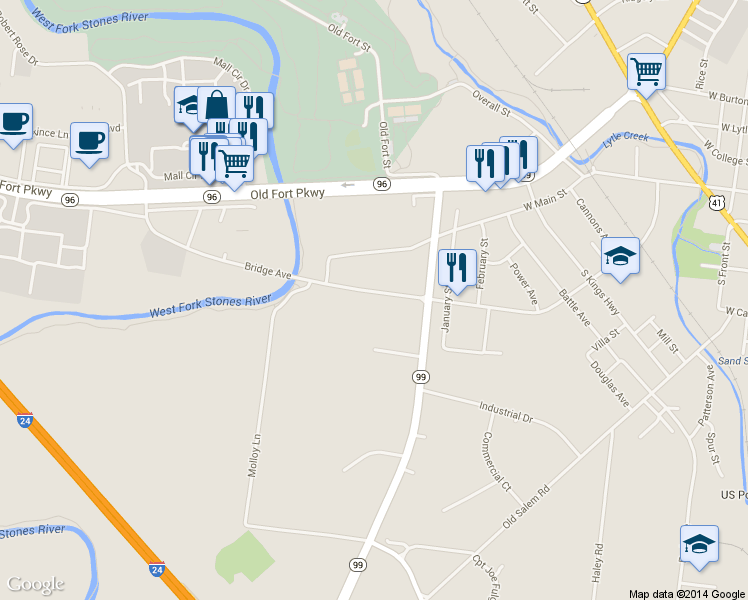 map of restaurants, bars, coffee shops, grocery stores, and more near 809 Bridge Avenue in Murfreesboro