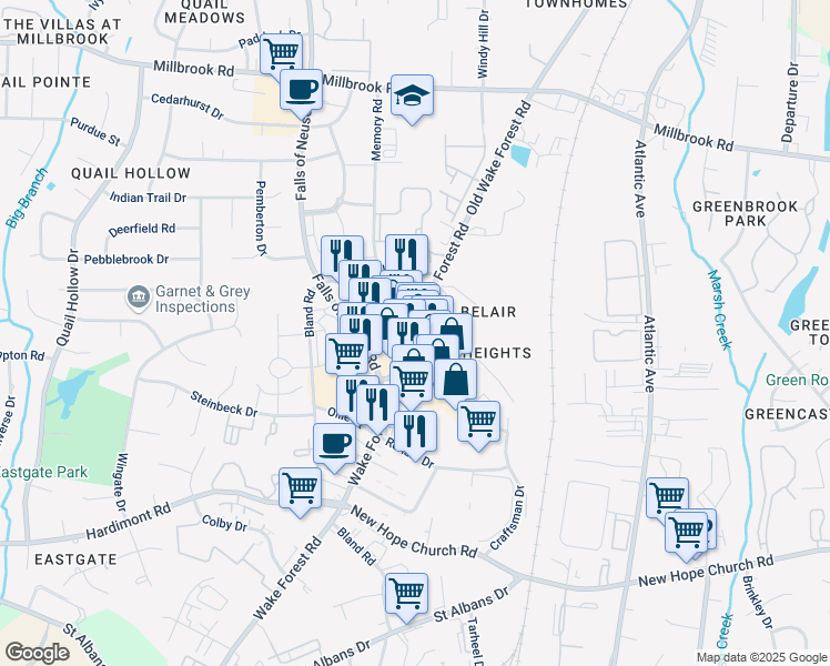 map of restaurants, bars, coffee shops, grocery stores, and more near 4518 Old Wake Forest Road in Raleigh