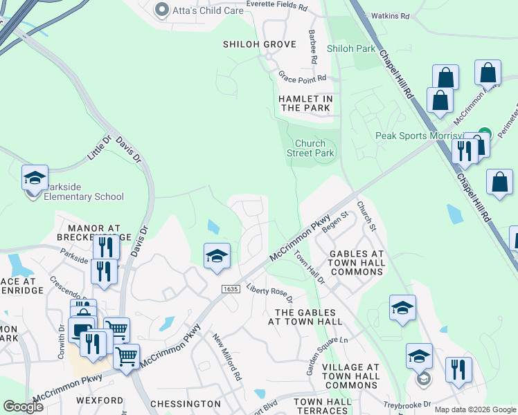 map of restaurants, bars, coffee shops, grocery stores, and more near 1109 Midvale Avenue in Morrisville