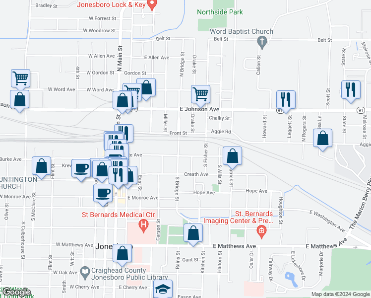 map of restaurants, bars, coffee shops, grocery stores, and more near 614 Cate Avenue in Jonesboro