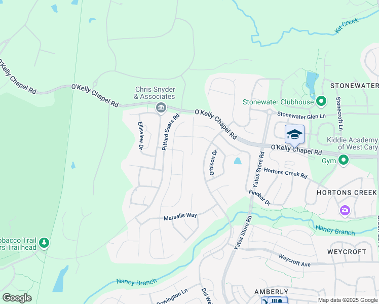 map of restaurants, bars, coffee shops, grocery stores, and more near 614 Bloomsbury Place in Cary