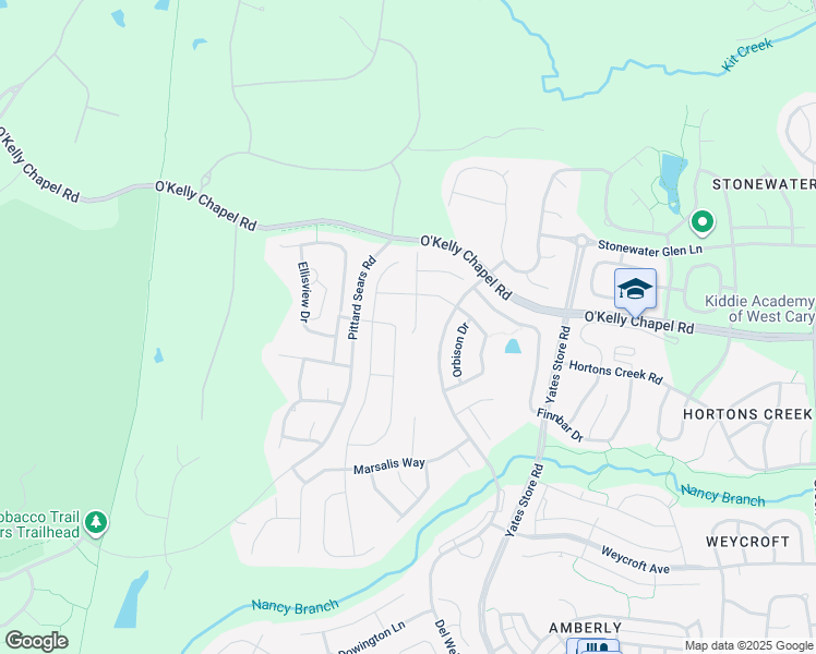 map of restaurants, bars, coffee shops, grocery stores, and more near 614 Bloomsbury Place in Cary