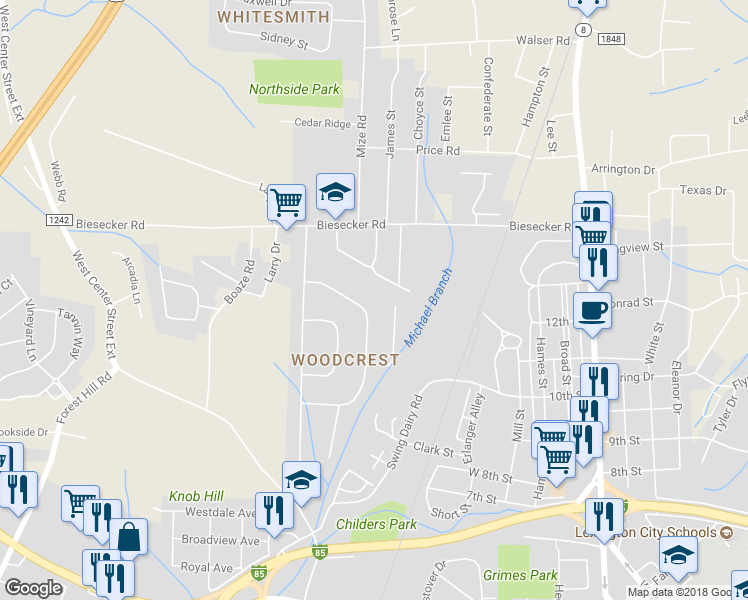 map of restaurants, bars, coffee shops, grocery stores, and more near 215 Woodhaven Drive in Lexington