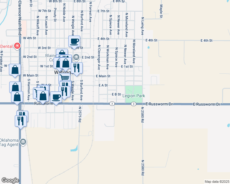 map of restaurants, bars, coffee shops, grocery stores, and more near 220 South Spiece Avenue in Watonga