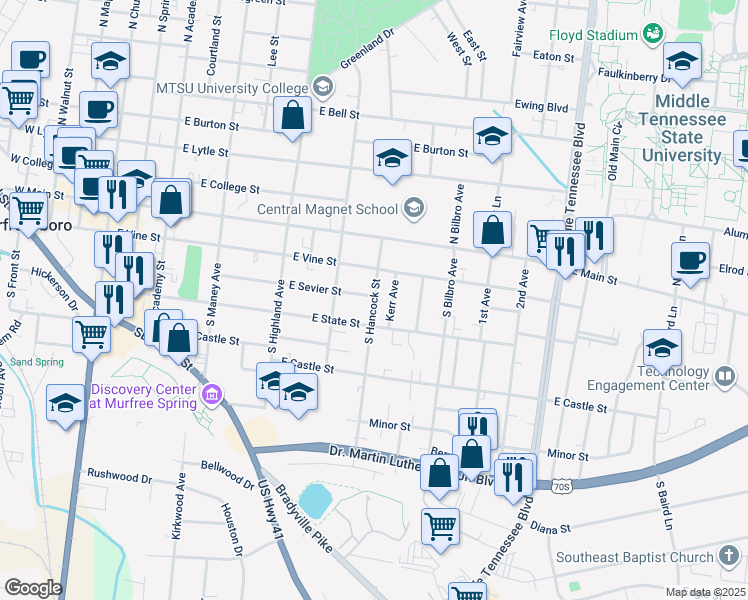map of restaurants, bars, coffee shops, grocery stores, and more near 302 South Hancock Street in Murfreesboro