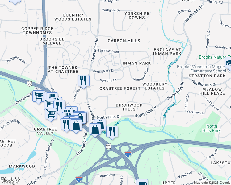 map of restaurants, bars, coffee shops, grocery stores, and more near 2001 Russell Drive in Raleigh