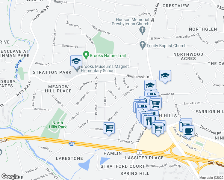 map of restaurants, bars, coffee shops, grocery stores, and more near 4516 Wilkes Street in Raleigh