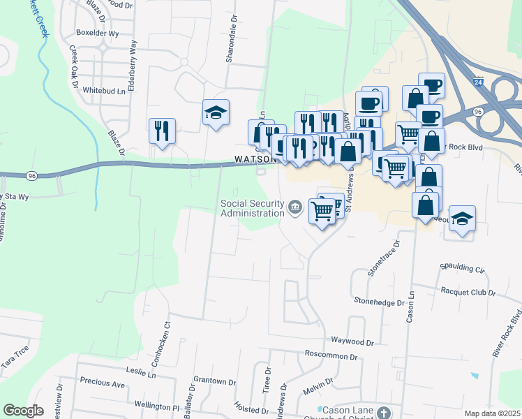 map of restaurants, bars, coffee shops, grocery stores, and more near 3504 Quaker Court in Murfreesboro