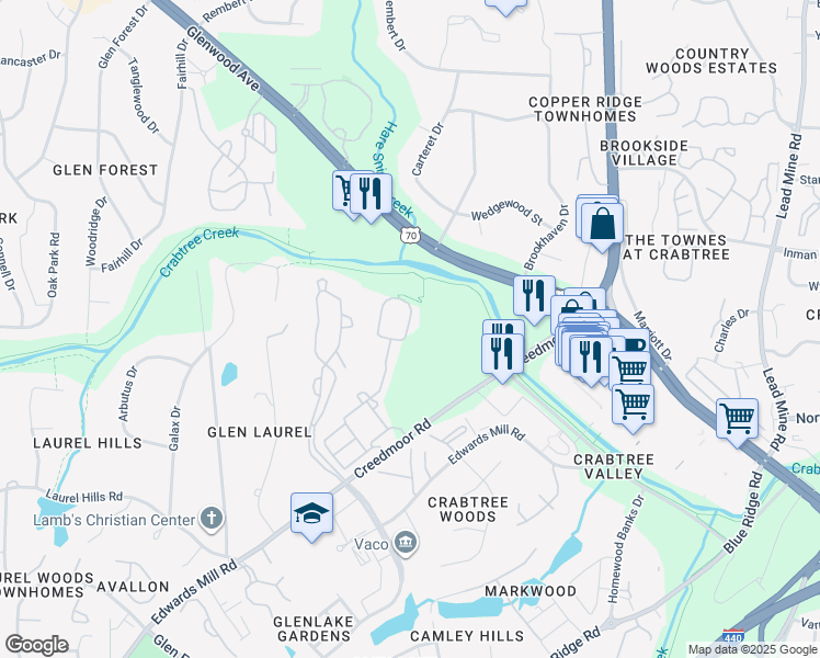 map of restaurants, bars, coffee shops, grocery stores, and more near 4587 Manor Village Way in Raleigh