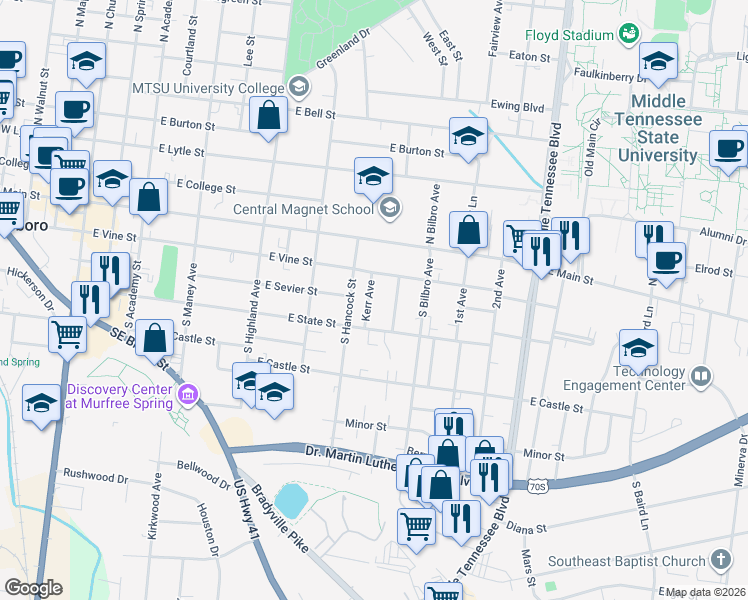 map of restaurants, bars, coffee shops, grocery stores, and more near 213 Kerr Avenue in Murfreesboro