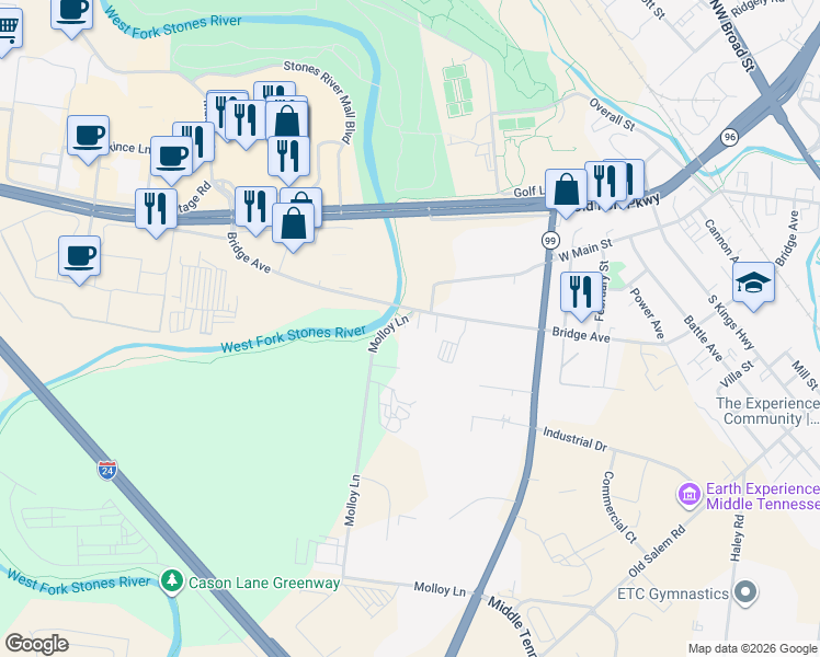 map of restaurants, bars, coffee shops, grocery stores, and more near 839 Bridge Avenue in Murfreesboro