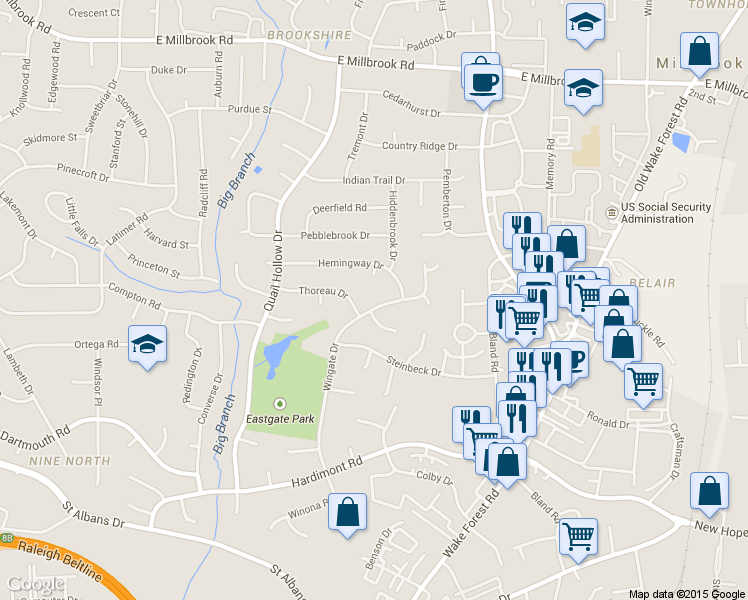map of restaurants, bars, coffee shops, grocery stores, and more near 4409 Wingate Drive in Raleigh
