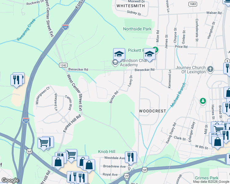 map of restaurants, bars, coffee shops, grocery stores, and more near 373 Boaze Road in Lexington
