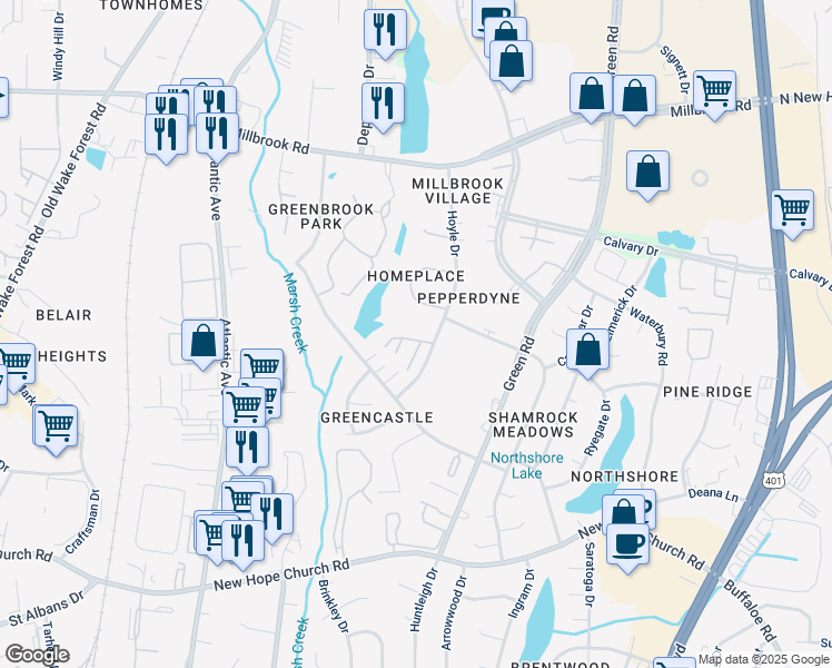 map of restaurants, bars, coffee shops, grocery stores, and more near 4722 Parkville Drive in Raleigh