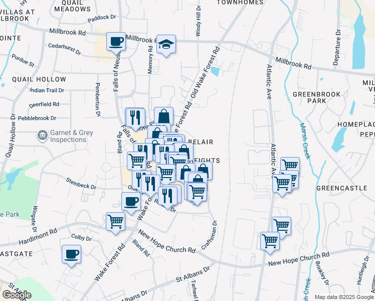 map of restaurants, bars, coffee shops, grocery stores, and more near 1621 Honeysuckle Road in Raleigh