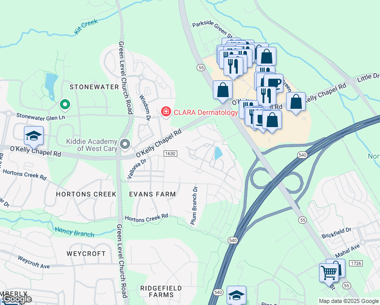 map of restaurants, bars, coffee shops, grocery stores, and more near 2124 Alston Avenue in Cary