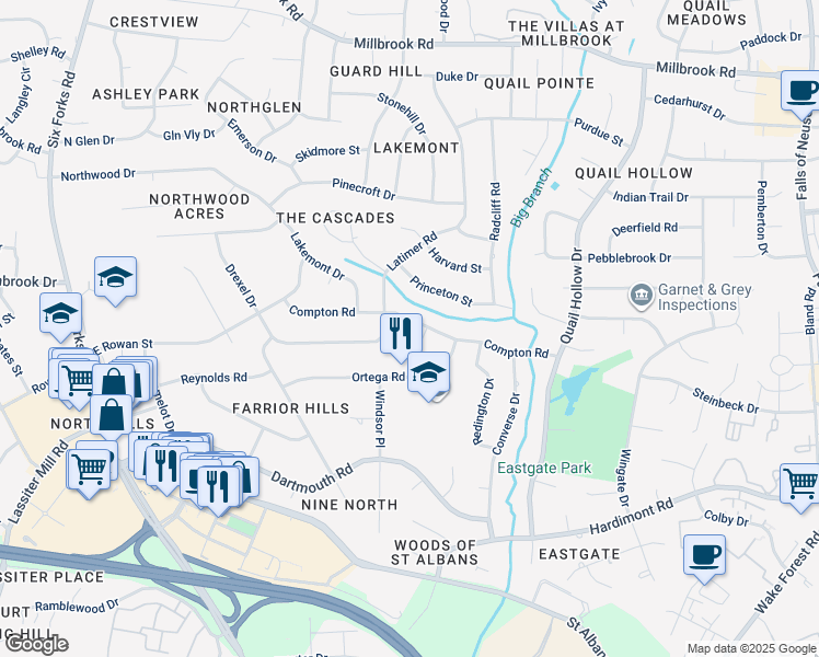 map of restaurants, bars, coffee shops, grocery stores, and more near 512 Compton Road in Raleigh