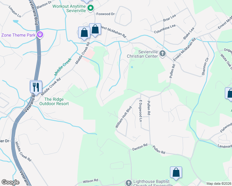 map of restaurants, bars, coffee shops, grocery stores, and more near 1122 Savannah Lane in Sevierville