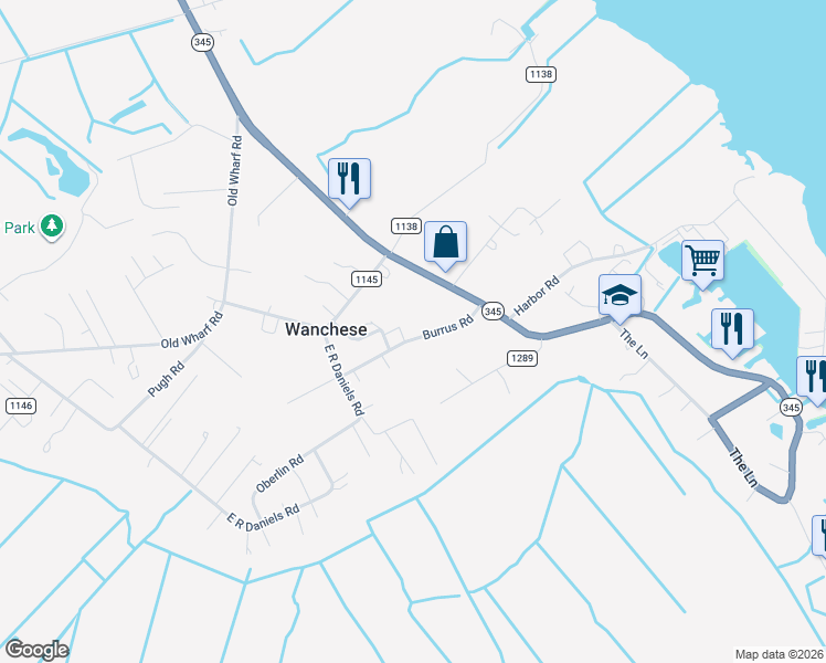 map of restaurants, bars, coffee shops, grocery stores, and more near 137-207 Burrus Road in Wanchese