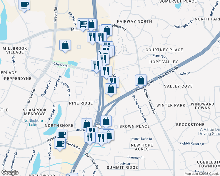 map of restaurants, bars, coffee shops, grocery stores, and more near 4400 Capital Boulevard in Raleigh